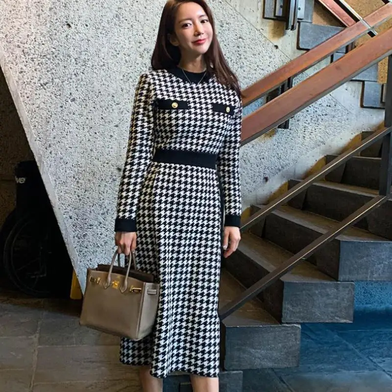 

Bird Lattice Long Sleeve Dresses Cinch in the Waist A-line Slim Sweater Dress Autumn and Winter New Office Lady Knitted Dress