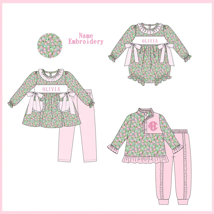 

Ropa Girl And Baby Boy New Cotton Customizable Name Styles Presale Models Christmas Pink Romper Sets Floral Clothes With Bow