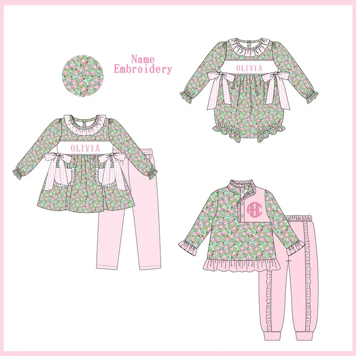 Ropa Girl And Baby Boy New Cotton Customizable Name Styles Presale Models Christmas Pink Romper Sets Floral Clothes With Bow