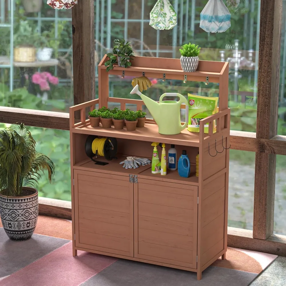

Outdoor Potting Bench, Wooden Gardening Table with Hooks,Large Potting Bench with Storage Cabinet & Top Shelf, Planting Work Tab