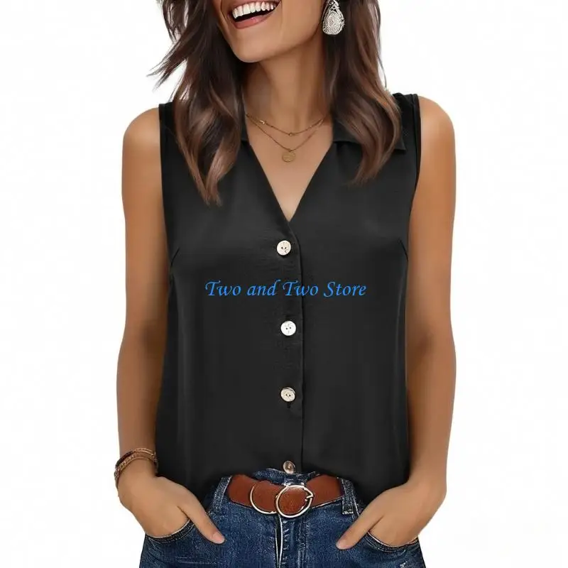 HX6F Lightweight Sleeveless V Neck Collar Button Down Blouse For Women Elegant Party Evening