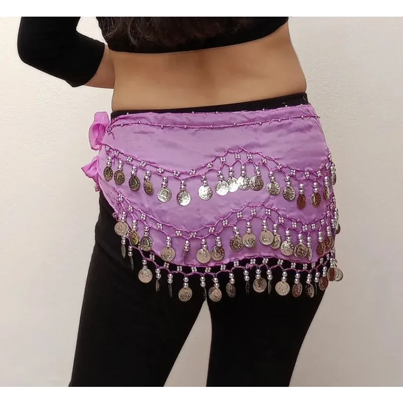 

Женский хип-шарф для танца живота, 128 монет, трехслойная поясная цепочка из шифоновой ткани для взрослых, женские аксессуары для сценических танцев
