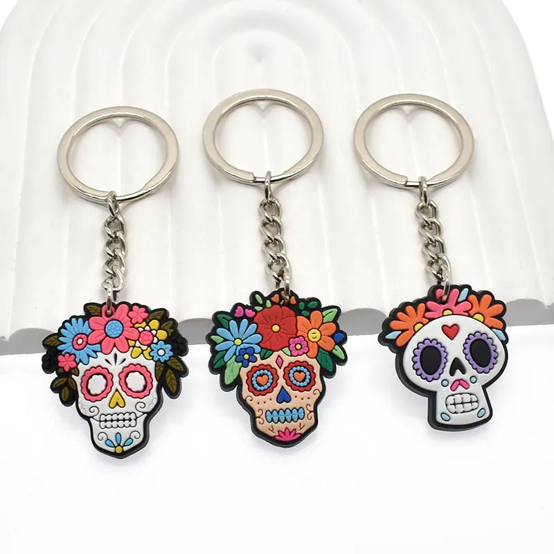 1PCS Soft Rubber Skull Keychain Keyring Celebrate Mexican Day of the Dead Halloween Sugar Skull Key Chain