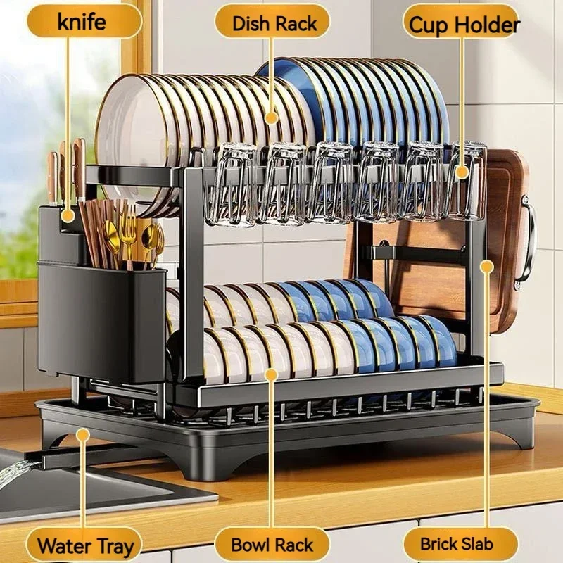 2 Tiers Household Tableware Drain Rack Rust-Proof Carbon Steel Dish Drainer Dish Organizer Rack Kitchen Organizer Drying Rack