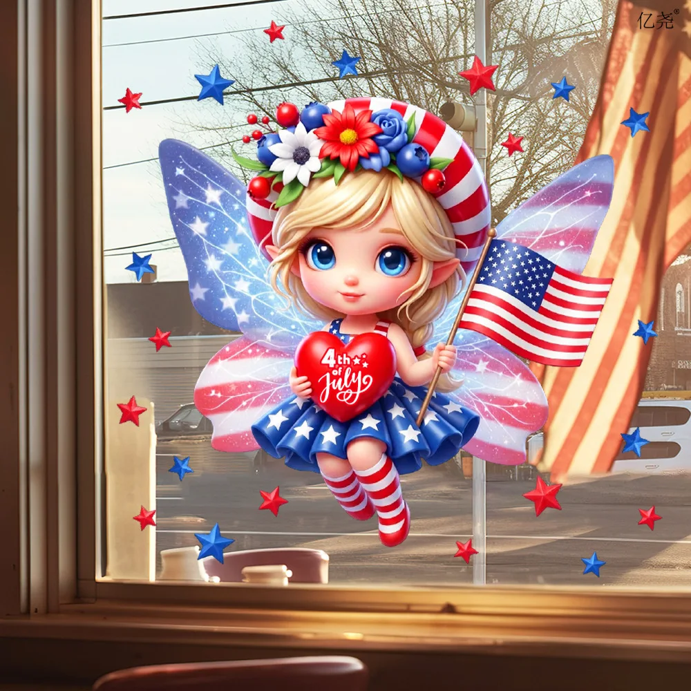 

Independence Day Cartoon Elf American Flag Stickers Independence Day Party Decoration 4 Of July Window Glass Stickers