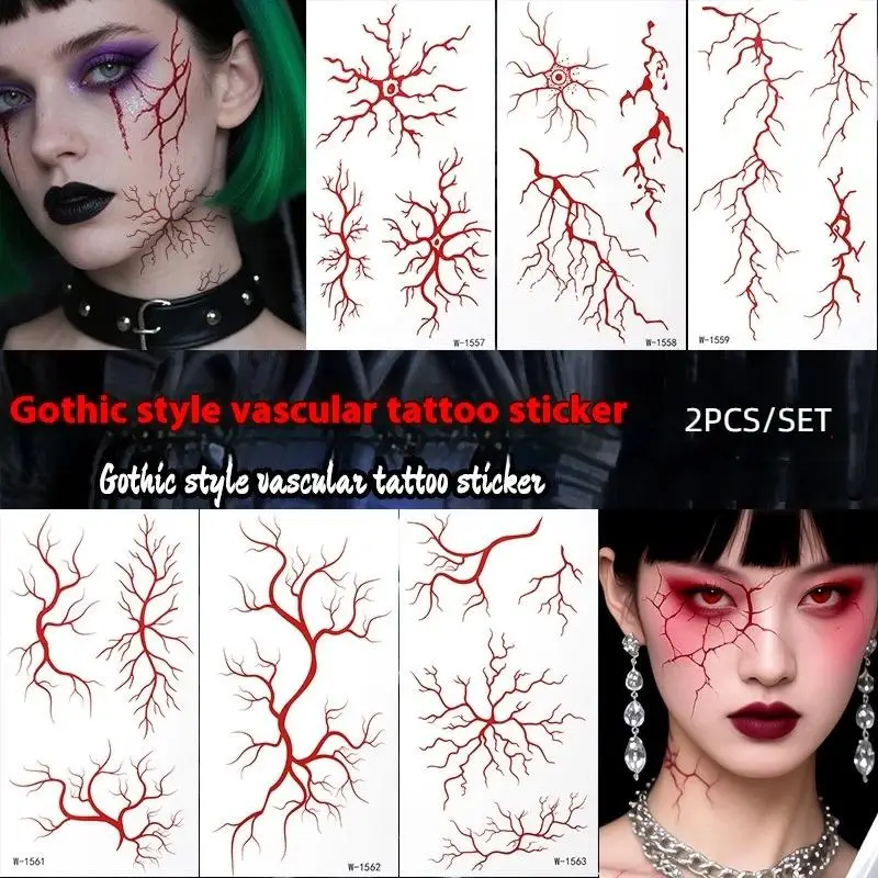 2 hojas de tatuaje temporal de Halloween, pegatinas faciales impermeables de sangre roja falsa, pegatinas para mano, brazo, espalda y cuerpo, calcomanías de maquillaje para Festival