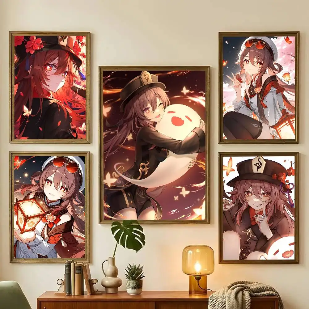 1pc Anime Genshin Impact HuTao Poster Sticker Print Waterproof Wall Art For Living Room Bedroom Home Decor