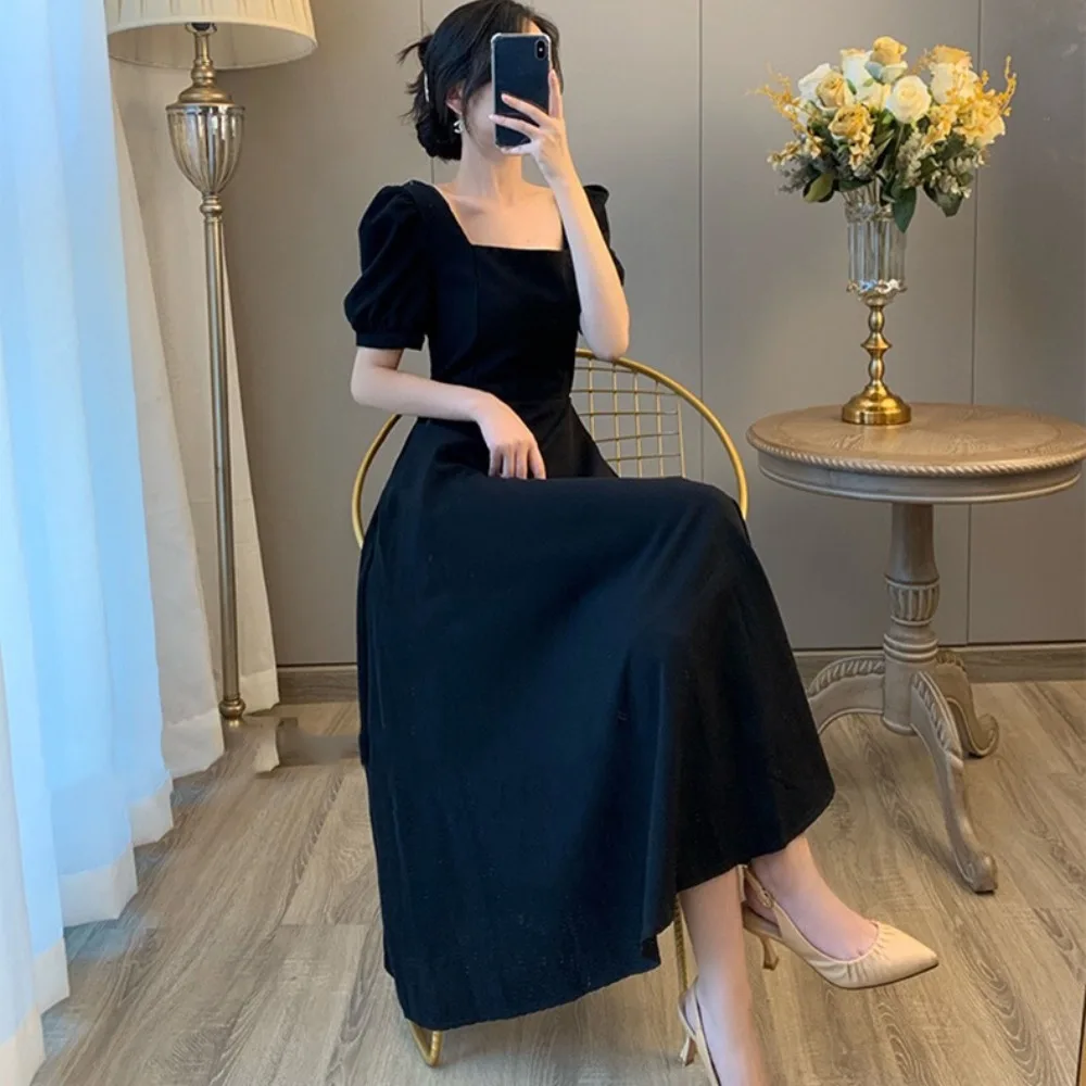 2025 Ladies' Long Skirt with Bubble Sleeves and A Straight Collar That Crosses The Knee  Waist Square Neck Midi Dress in Black