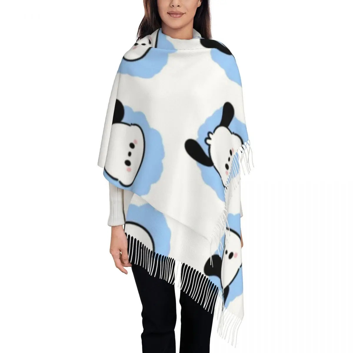 

Женский шарф с кисточками из мультфильма Pochacco на заказ, мягкие шали, женские зимне-осенние шарфы