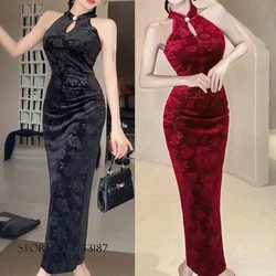 Vintage Sexy Sleeveless Female Qipao Classic Elegant Mandarin Collar Long Cheongsam Sexy Slim Split Chinese Dress Vestidos