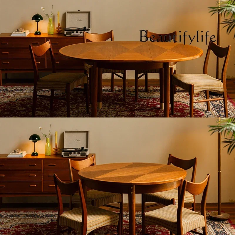 

Q Solid wood retractable dining table Small household dining table Middle ancient retro style teak round eating table