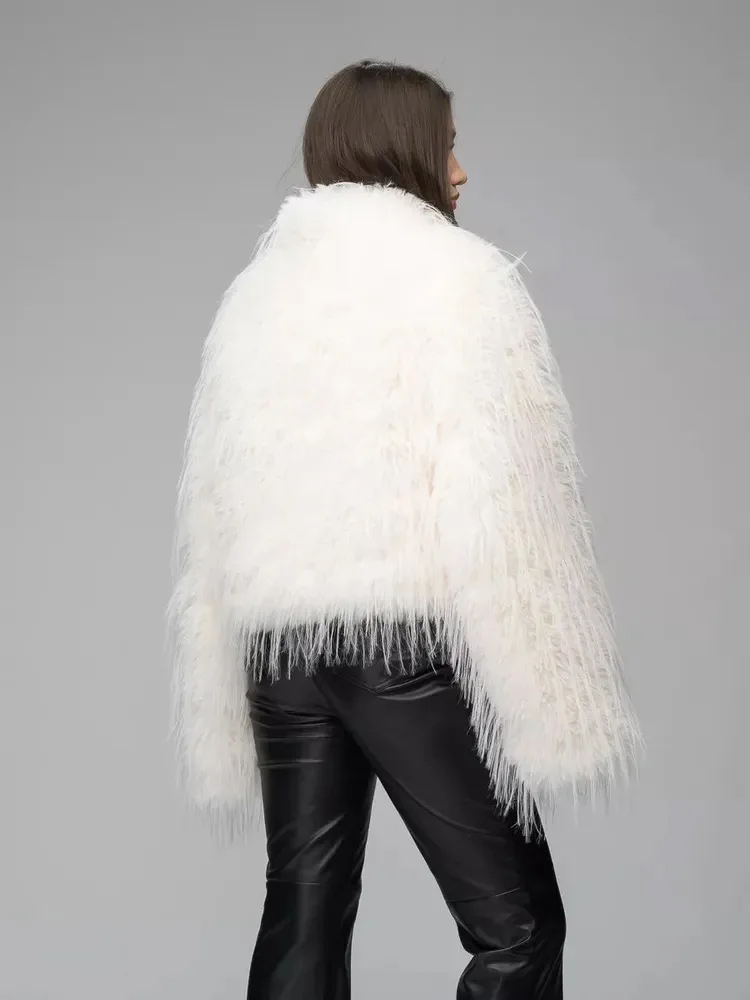 Schwarzer, flauschiger Kunstpelzmantel für Damen, 2025, warme, dicke Quaste, lässige kurze Jacke, Herbst-Winter-Pelz-Federjacke, Oberbekleidung