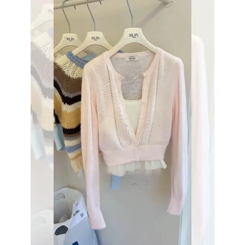 Pink Hollow out Design Knitted Open Cardigan Women's Early Spring Unique Beautiful Outerwear Top Gentle Wind Korean Style