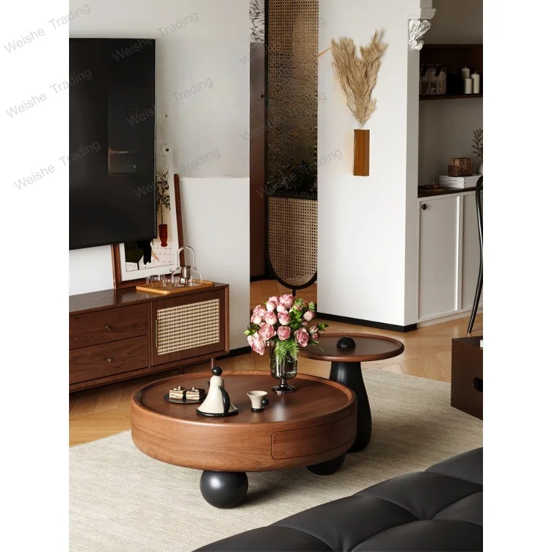 Solid wood minimalist round coffee table combination living room home modern minimalist medieval light luxury