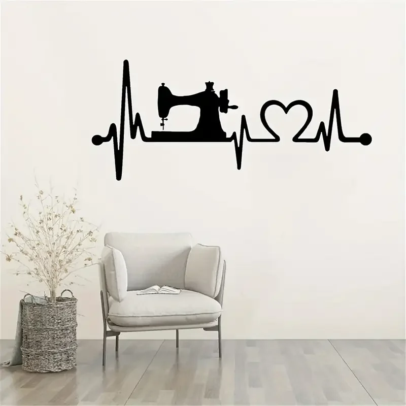 Sewing Machine Heartbeat Wall Decal - Removable Vinyl Mural for Sewing Room, Contemporary Geometric Design, Matte Finish