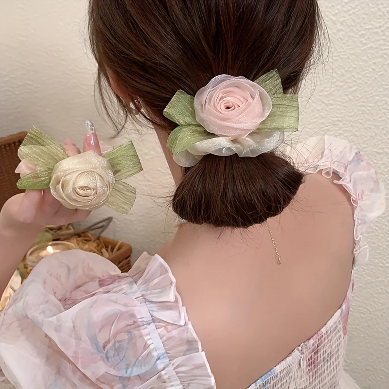 Luxuriöses Haargummi-Set mit Rosen-Stickerei – atmungsaktive Netz-Haarbänder für Pferdeschwänze, Sommer-Haar-Accessoires