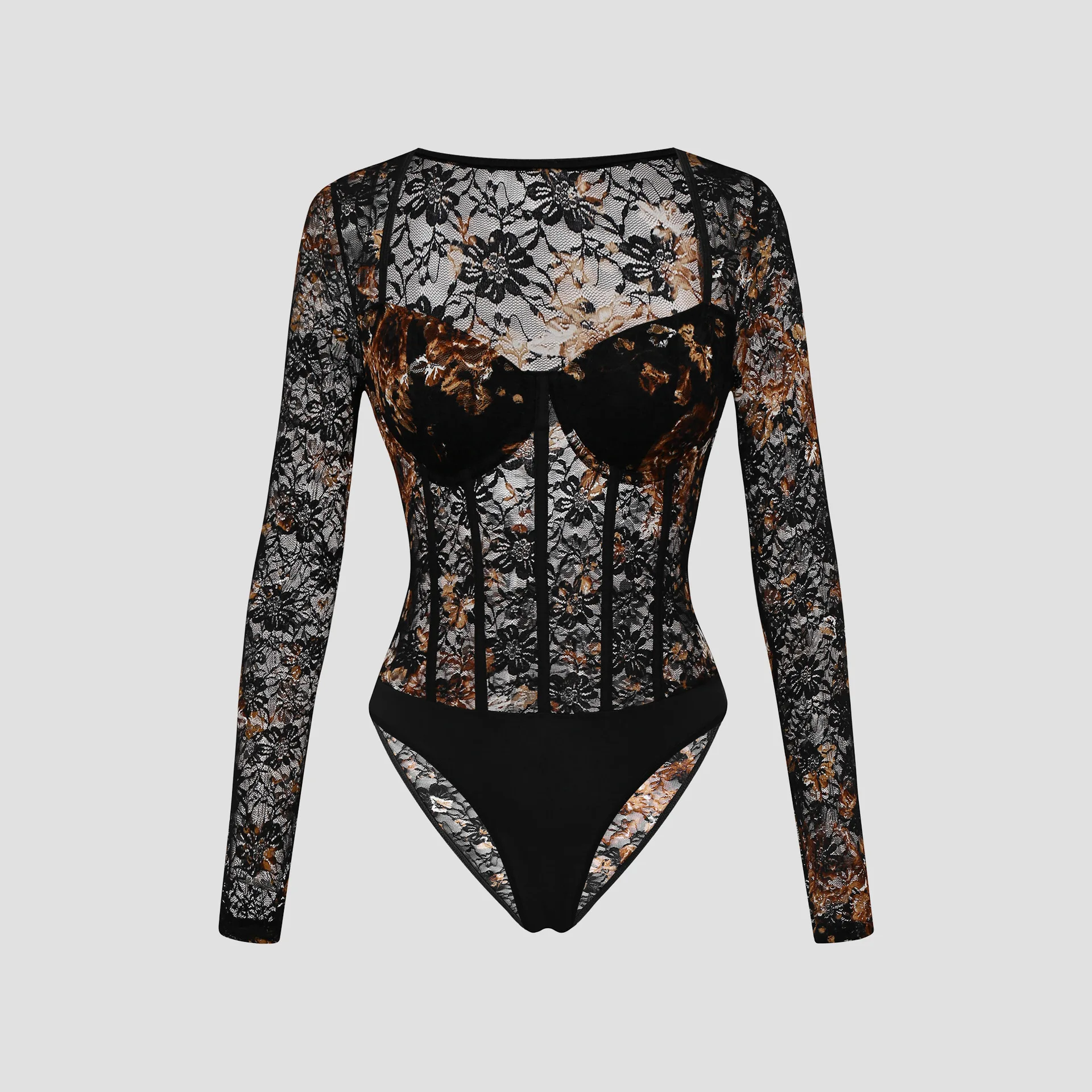 summer black bodysuit women clothing vintage tight flower lace underwire long sleeve onesie transparent rompers mesh jumpsuit