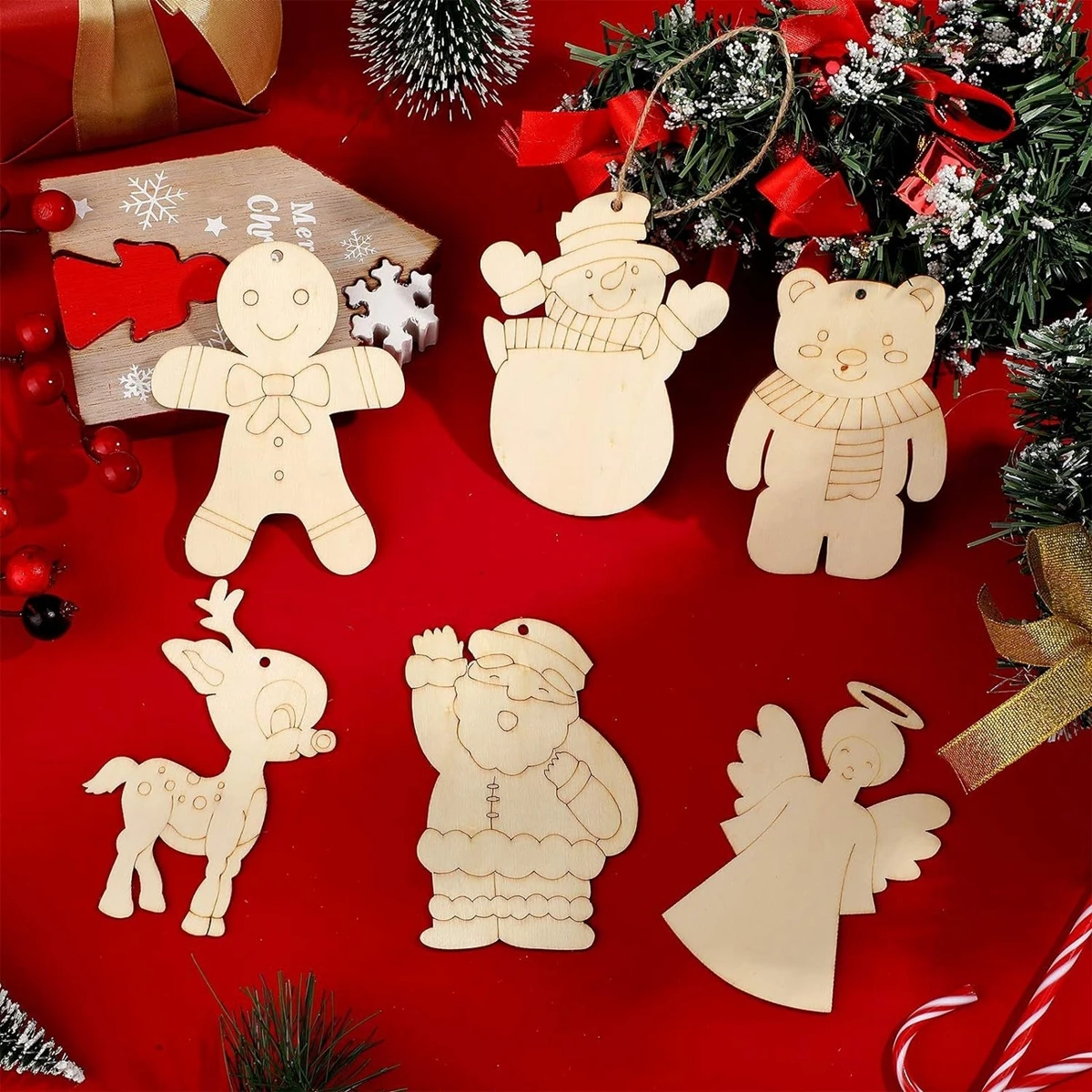 10Pcs Christmas Wooden Ornament Carton Santa Snowman Bear Hanging Pendant For Noel Party Decor Kids DIY Painting Gifts Supply