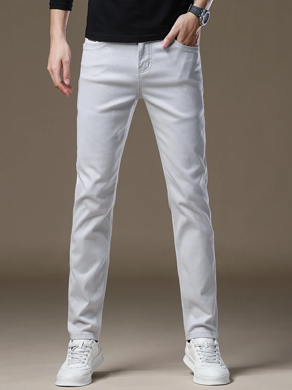 

High-End Retro Light ey Waed Denim Jeans Men's Slim Fit Casual Versatile Long Pants Spring Autumn Wear Youth Zipper Wear