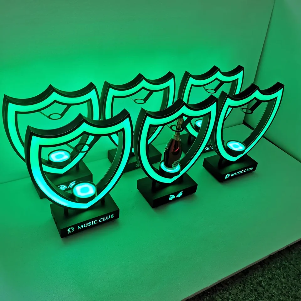 Vip Bottle Service Girl LED Green Light Shield Dom Perignon Champagne bottle presenter wine Glorifier Display stand neon sign