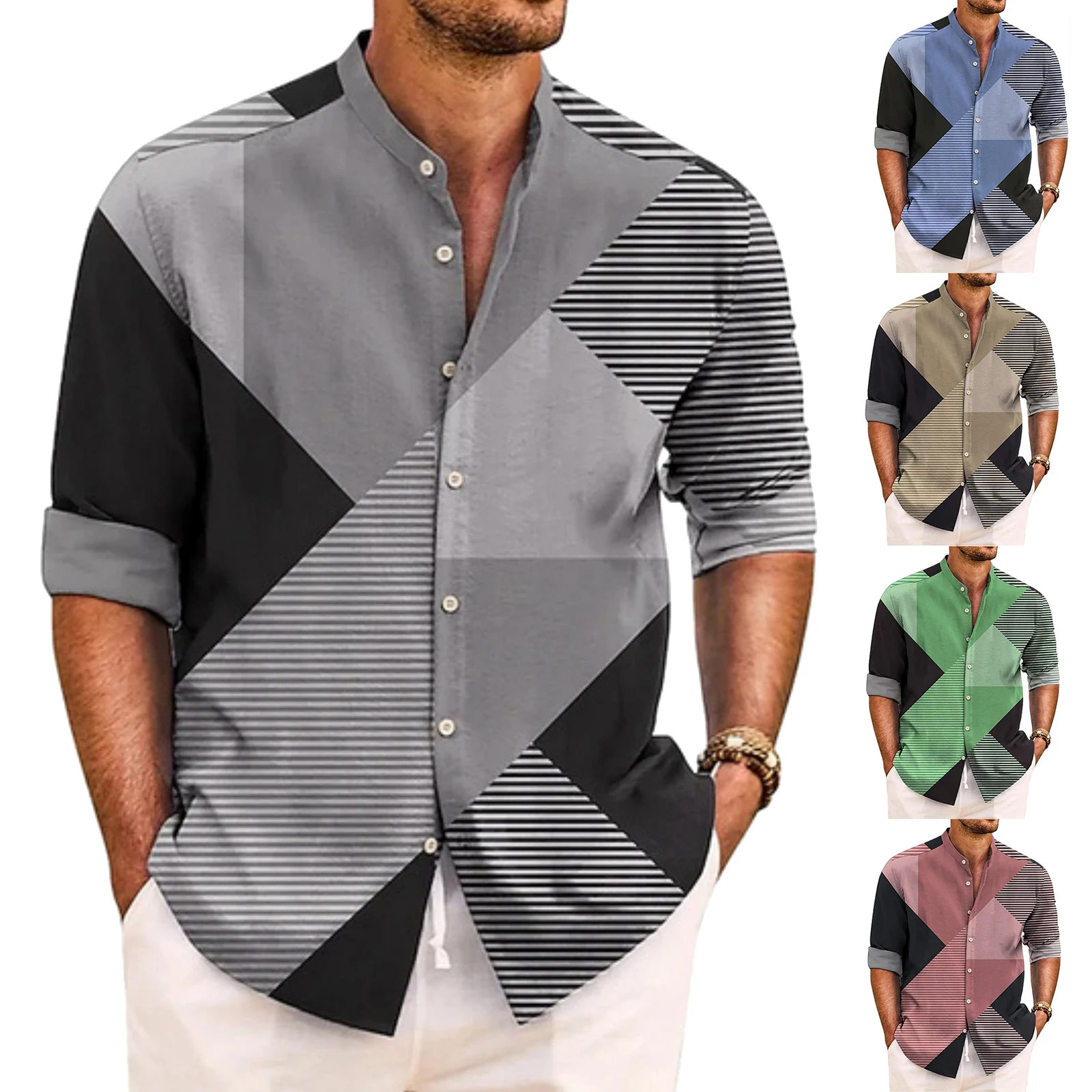 

Рубашка с геометрическим принтом и цветными блоками, однобортная рубашка с воротником-стойкой, свободный повседневный топ с длинными рукавами, мужская рубашка
