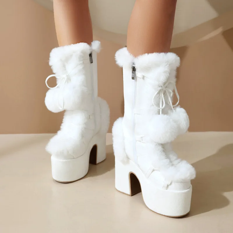 

35-46 Cute Lolita Medium Hairy Boots Women's Thick Bottom High Heels Party Cosplay Women's Boots Hairball Pendant Boots
