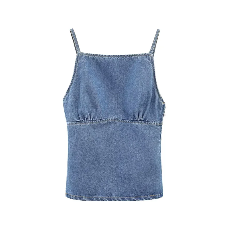 

New Women's Thin Straps Denim Tops Fashion Sexy Backless Straight Collar Sleeveless Tops Female Camis