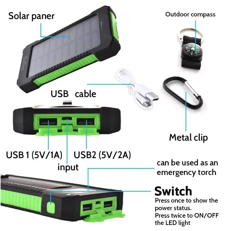 Portable Power Bank Suitable Xiaomi 20000mAh Paneles Solares with Lanyard Compass External Battery Outdoor Mobile Power Supply