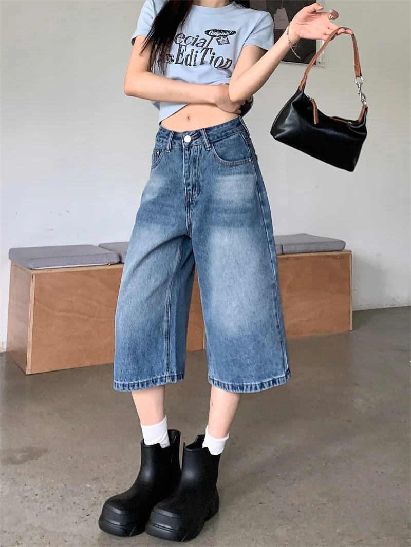 Women's summer light blue denim cropped wide-leg pants Korean style distressed wash loose fit drapey casual elongates the legs