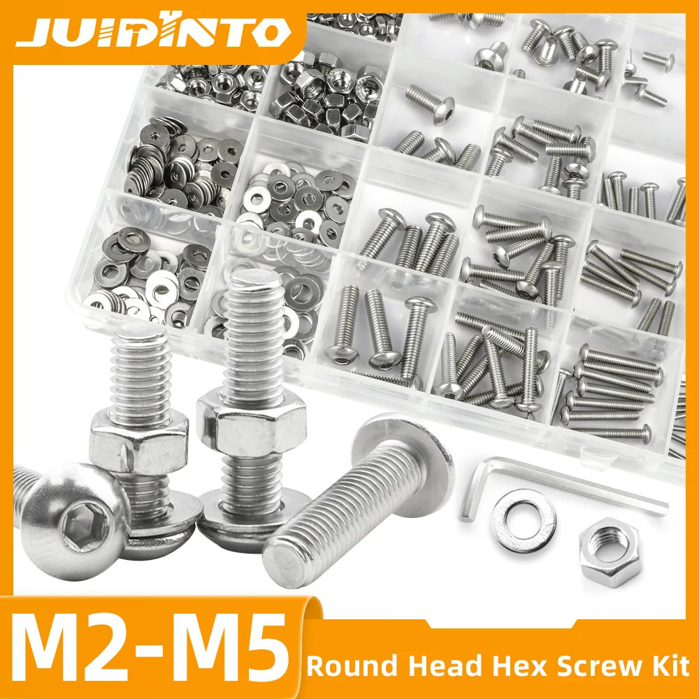 JUIDINTO Hex Socket Button Head Cap Screw Kit M2 M2.5 M3 M4 M5 Stainless Steel Round Screw Bolt and Nut Washer Set with Hex Key