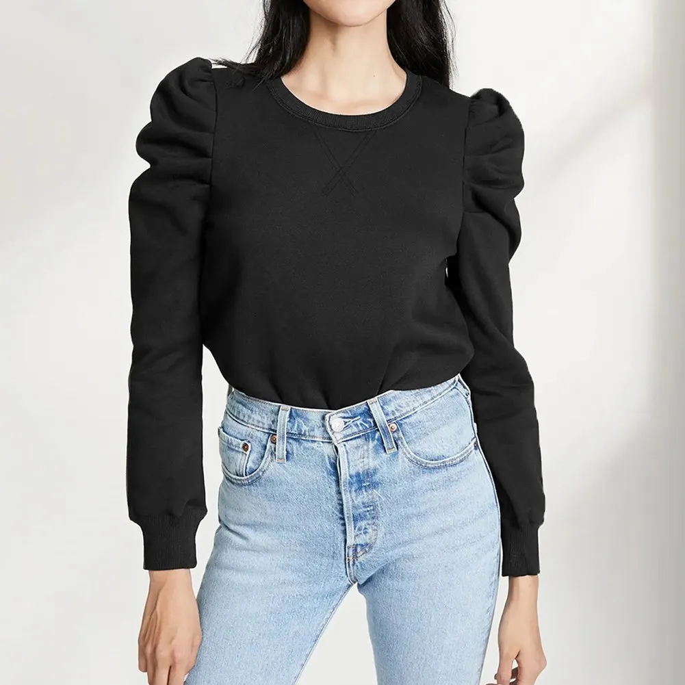 

New Women Crewneck Petal Sleeve Lantern Long Sleeve Round Neck Tops Pullover Solid Color Shirt Top Fashion Casual T-Shirt