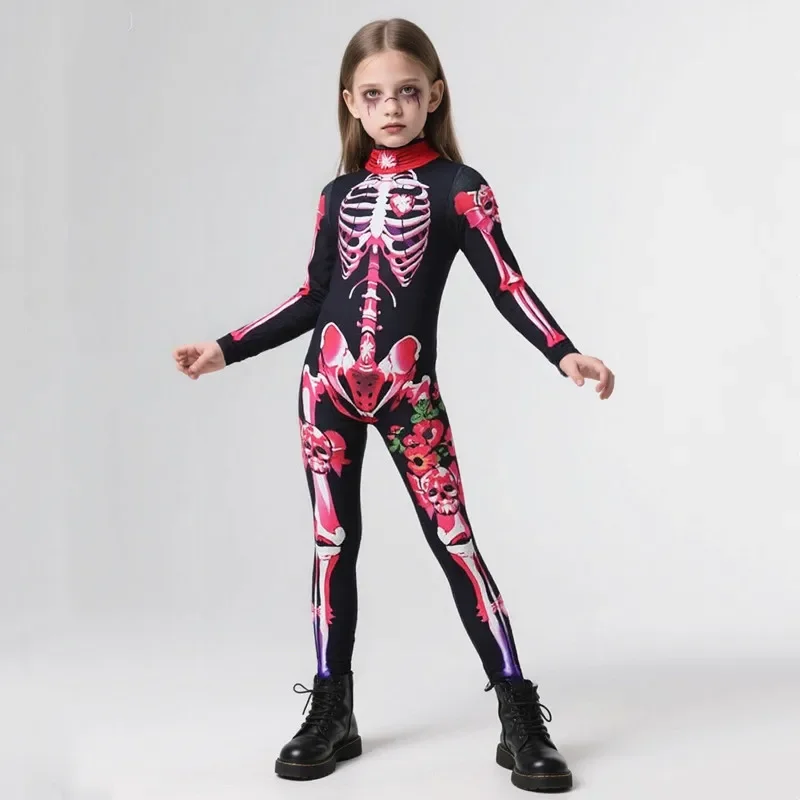 2026 Mädchen Jungen Gothic Geisterbraut Cosplay-Set Skelett-Rosen-Print Bodysuit für Kinder Halloween Karneval Kostüm-Party – Detail 3