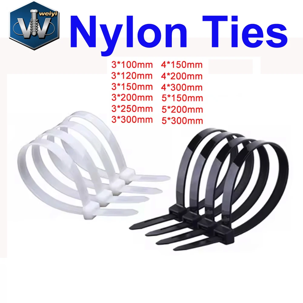 Weiyi 250-1000pcs Self-locking White Black Plastic Nylon Cable Zip Ties Fastening Ring Nylon Clamp Strap With Lock 3*100 4*300mm
