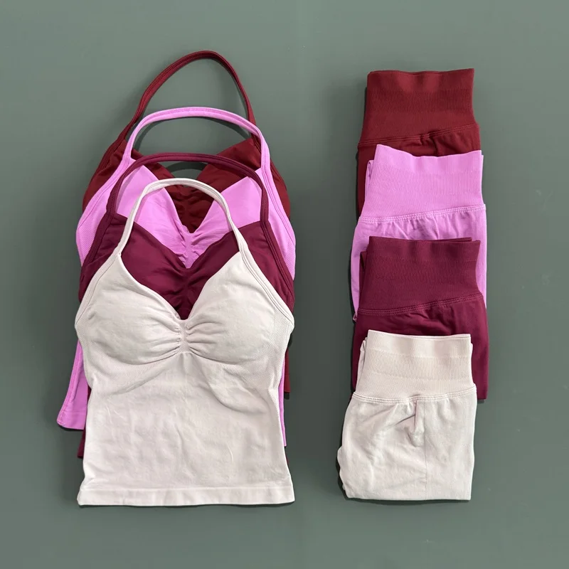 2 قطعة HISTELLO مجموعة رياضية النساء سلس عالية الخصر طماق الخطوط الطويلة Strappy أعلى تجريب الزي اللياقة البدنية أكتيفيوير رياضة ملابس رياضية لليوجا