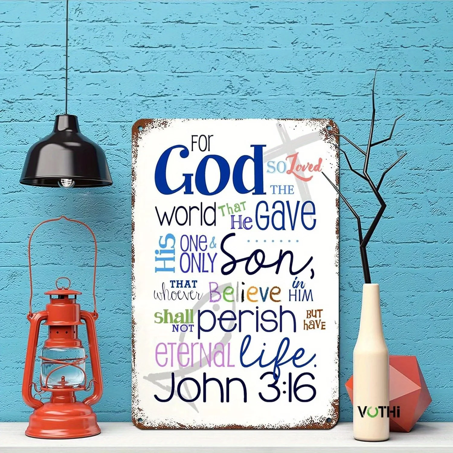 مسطح ثنائي الأبعاد، قطعة واحدة من لافتة القصدير المسيحية العتيقة - زخرفة جدارية معدنية ريفية مع كتابة جون 3:16