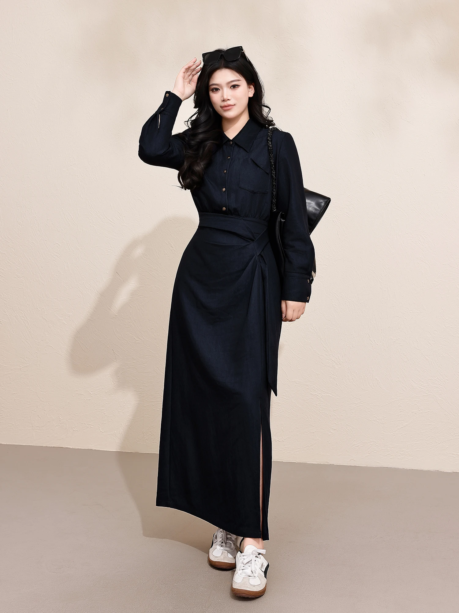 

Платье-рубашка с эффектом похудения, новинка весеннего сезона, с длинным рукавом, для полных женщин, с завышенной талией, с поясом, А-силуэт, для повседневной носки