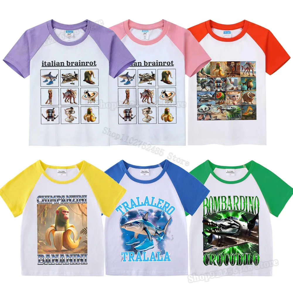 Футболка-с-мемами-итальянскими-животными-brainrot-для-детей-топы-с-вставками-на-плечах-одинаковые-по-цвету-топ-tung-tung-tung-sahur-tralalero-tralala