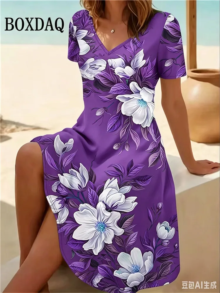 6XL Plus Size Women Dresses Summer Beach Casual A-Line Dress Vintage Boho Floral Print Short Sleeve V-Neck Loose Dress Vestidos