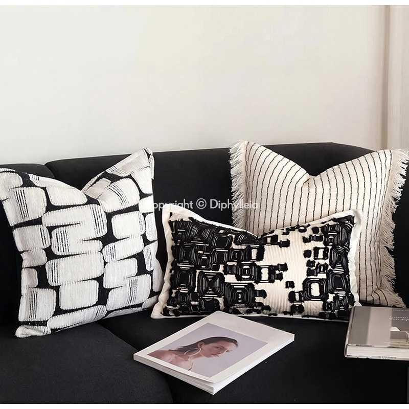 Diphylleia Spanish Steps Black And White Geomertic Cushion Cover Sophisticated Study In Contrast Texture Lumbar Pillowcase 30x50