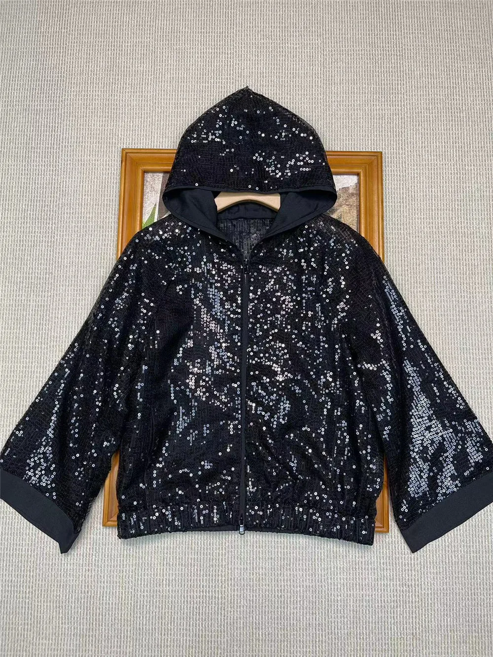 Women\'s Hooded Jacket Sequined Silk Loose Casual Cardigan Coat Luxury Exquisite Waisted Top