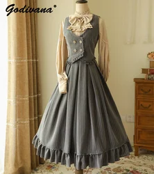 Original Design Women's Skirt Set Spring and Autumn Striped Vest Stand Collar Long Sleeve Lolita Bow Shirt with Long Skirt CLA