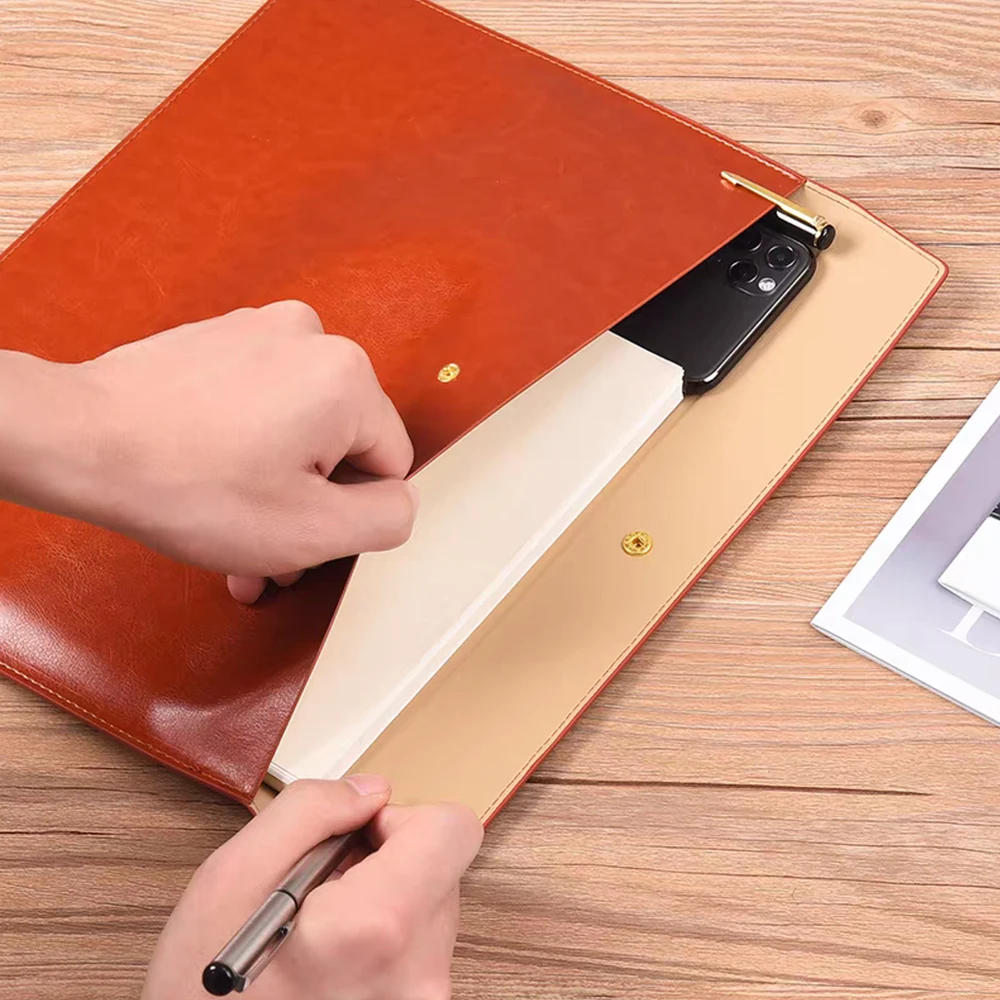 4 File Pocket Dustproof Documents Pouch PU Leather Snap Closure Large Capacity File Bag Thickened Business Office File Folder