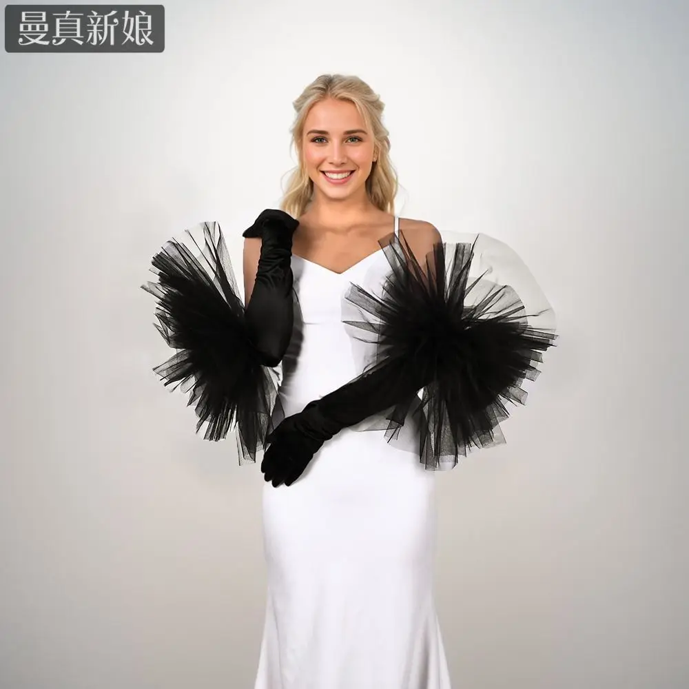 Black Bridal Dress Gloves Big Flowers Wedding Photo Fashion Gloves Celebrity Banquet Accessories