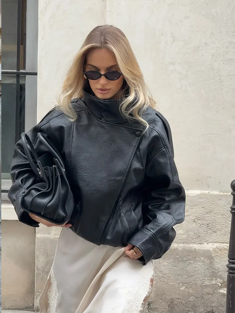 Jaqueta Feminina de Couro Sintético HH 2026, Gola Alta, Manga Longa, Casaco com Zíper, Jaqueta Vintage de Motociclista, Moda Urbana Feminina