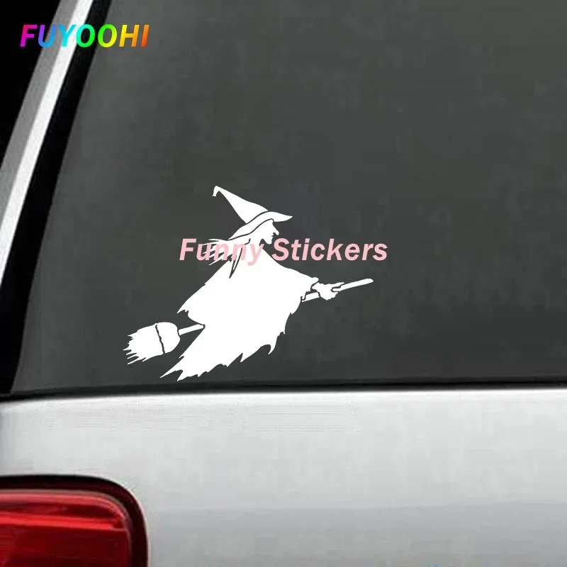 FUYOOHI Exterior/Protection Funny Stickers Lifelike Witch on Flying Broom Funny Vinyl Art Painting Car Stickers PVC Decor Decals