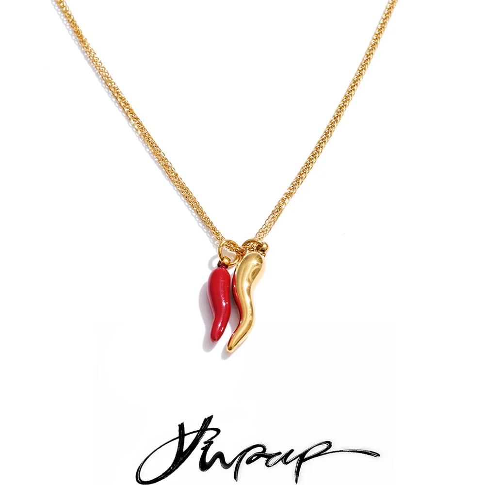 Yhpup Stainless Steel Enamel Red Chili Necklace Pendant Stylish Unique Chic Collar Jewelry Gold & Platinum PVD Plated Waterproof