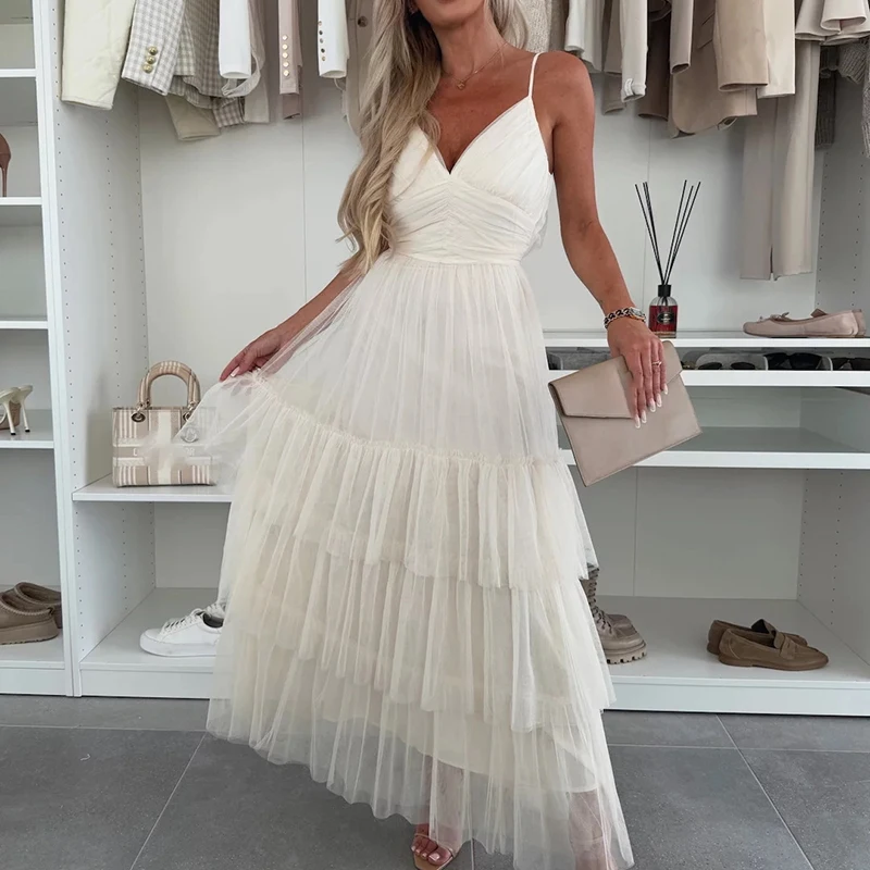 Women Sexy Hollow Pleated Solid Long Dress Fashion High Waist Bridesmaid Party Dress Elegant V-neck Sleeveless Suspenders Dress