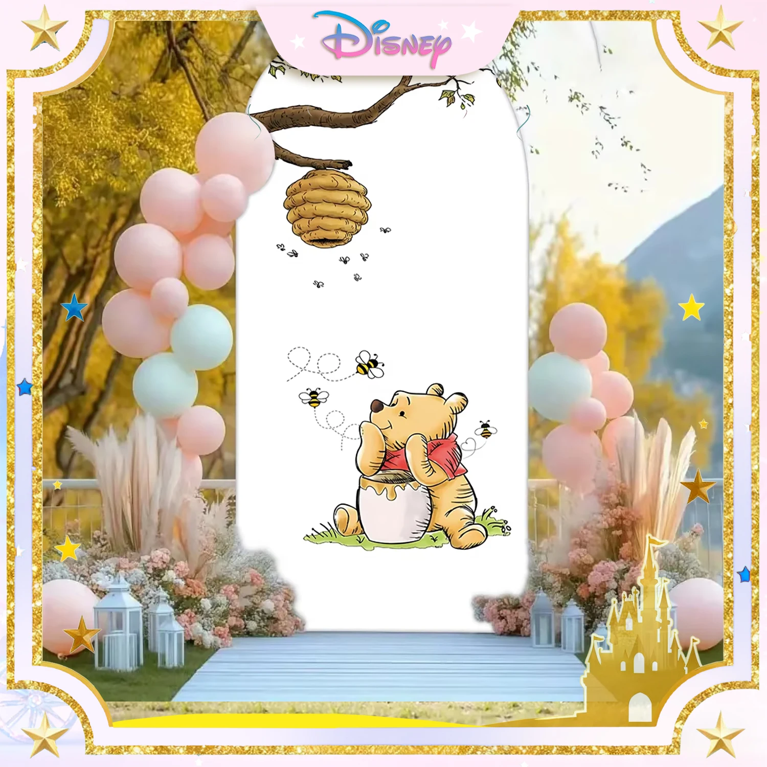 

Disney Winnie The Pooh Arch Cover Kid Birthday Baby Shower Backdrop Double-Sided Birthday Party Arch Background