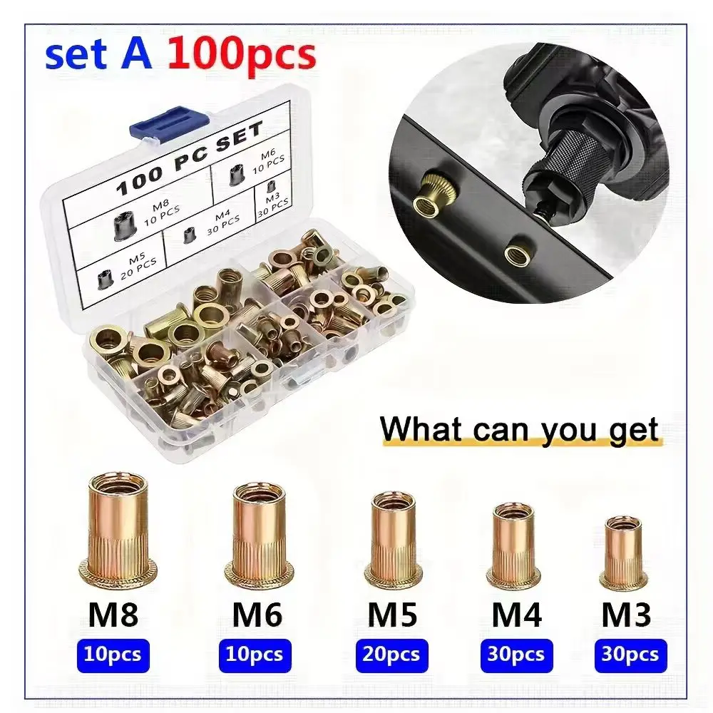 Rivet Nuts 100pcs Carbon Steel Flat Head Rivet Nuts Assortment Kit Knurled Body Threaded Insertion Nut