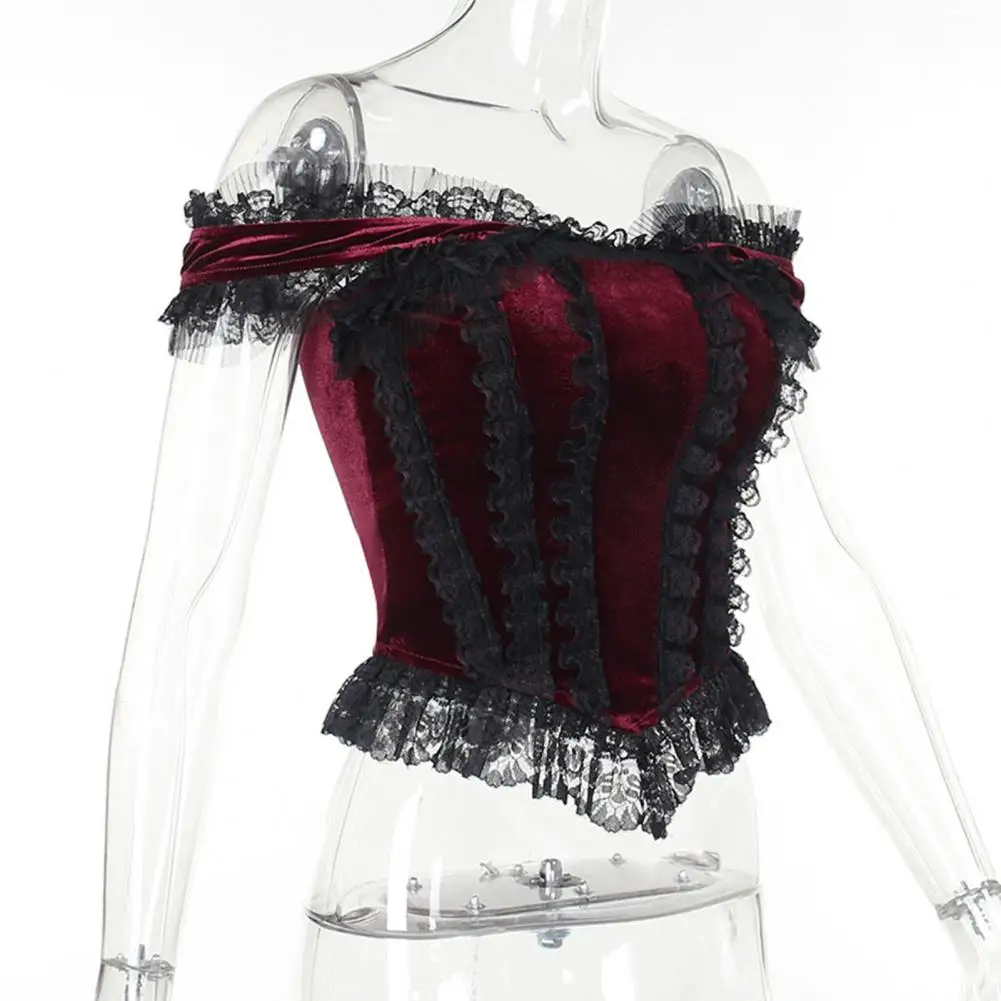 Sexy Women Tops Off Shoulder Short Sleeve Corset Tops Dark Gothic Style Lace Stitching Slim Halloween Cosplay Body